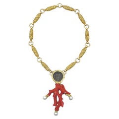 Vintage ELIZABETH GAGE Pearl, Coral, Coin and Gold Necklace 