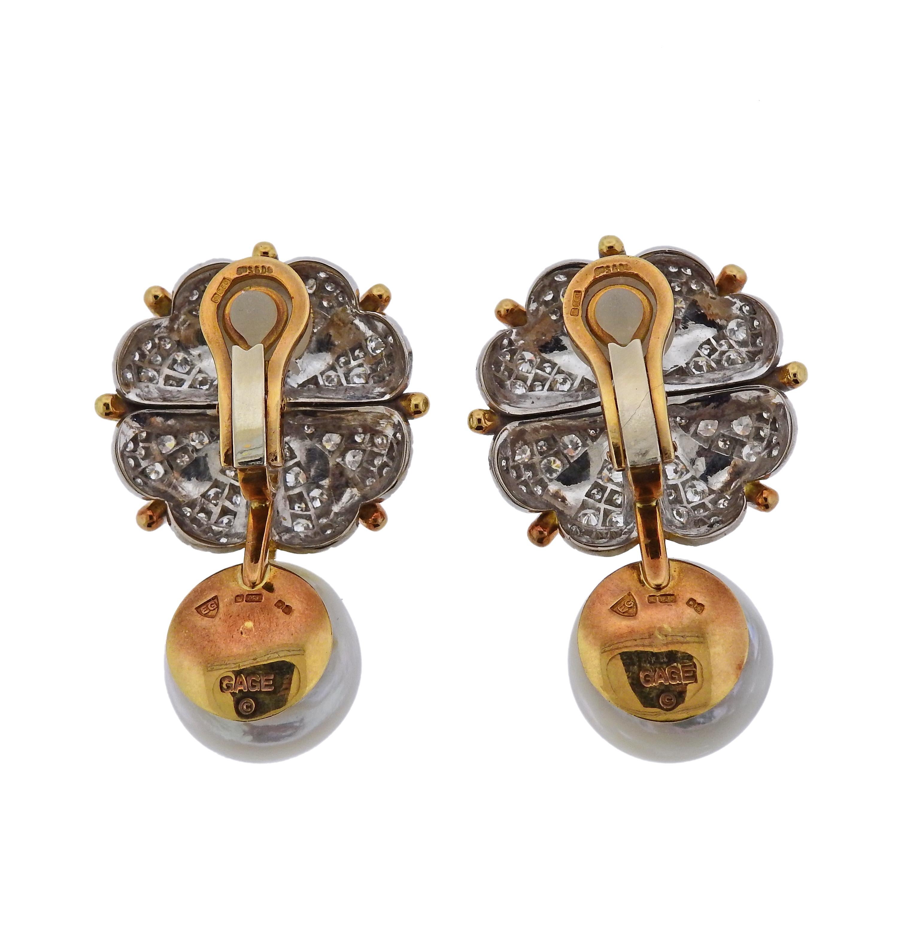 A pair of 18k yellow gold earrings by Elizabeth Gage, set with approx. 2.20ctw in G/VS diamonds and 15.8mm pearls.  Earrings are 42mm x 25mm and weigh 38.8 grams. Marked Gage, EG, 750, English gold assay marks. 