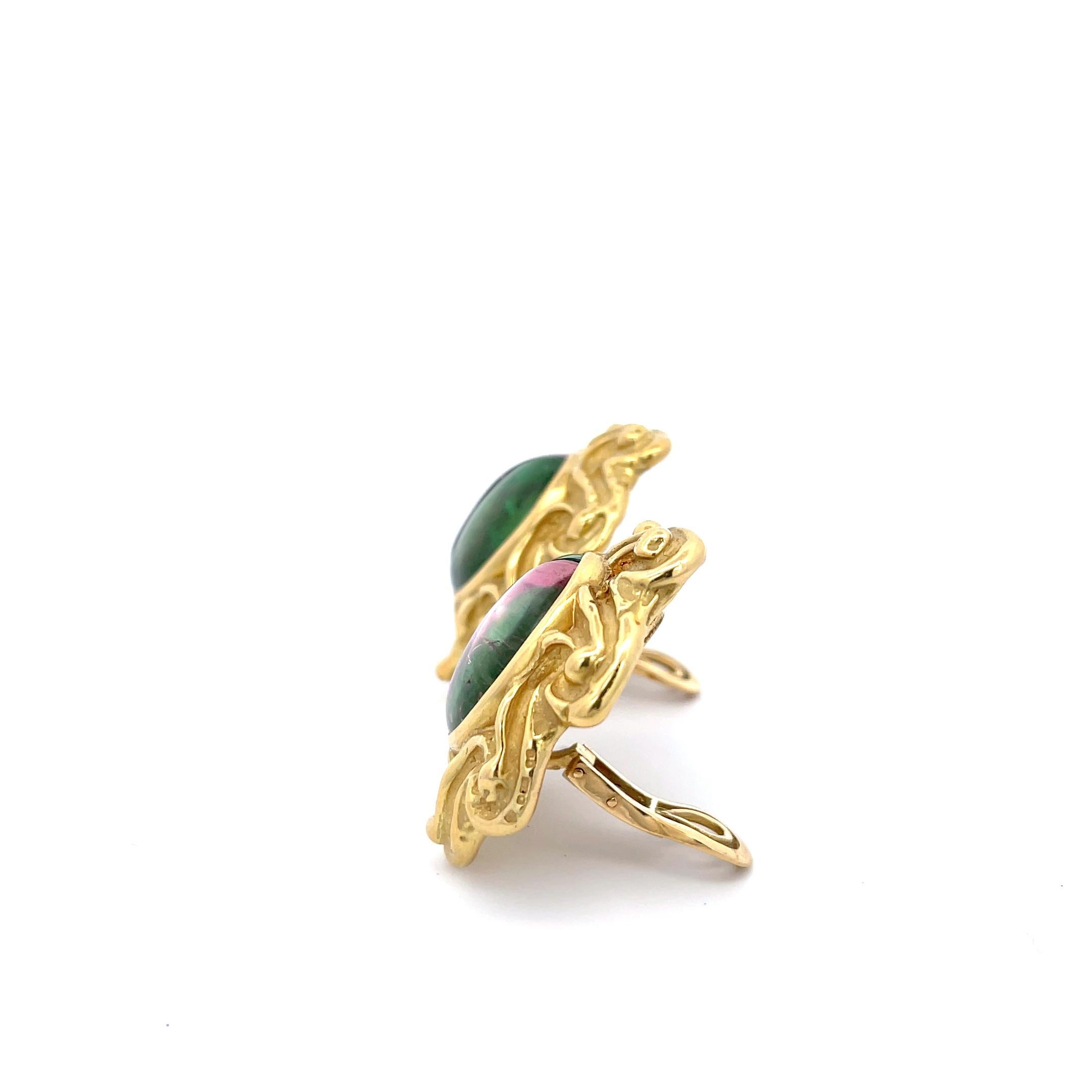 Estate Elizabeth Gage Pink and Green Tourmaline Clip-On Earrings in 18K Yellow Gold. The earrings measure approximately 1 3/8
