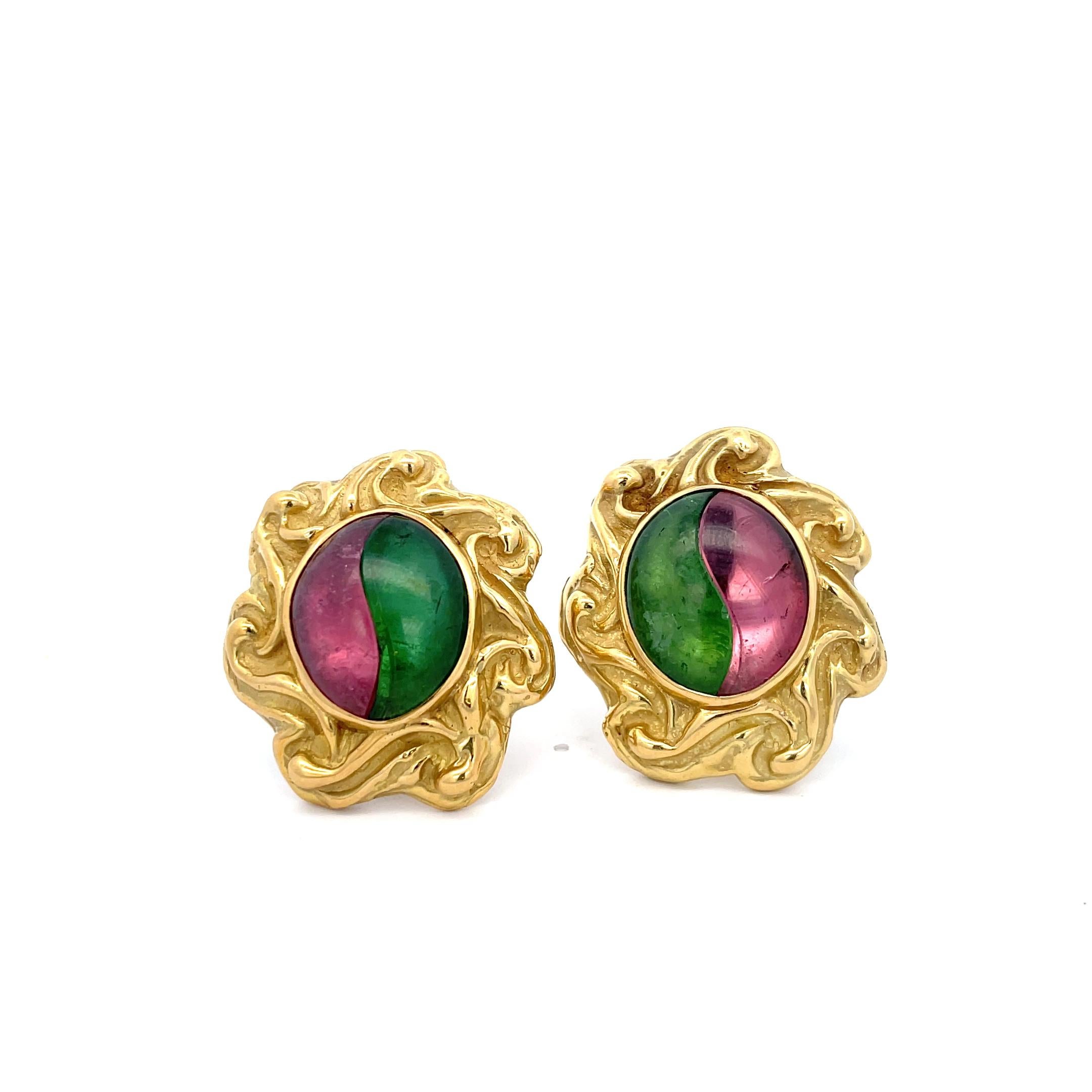 Cabochon Elizabeth Gage Pink & Green Tourmaline Clip-On Earrings 18K Yellow Gold For Sale