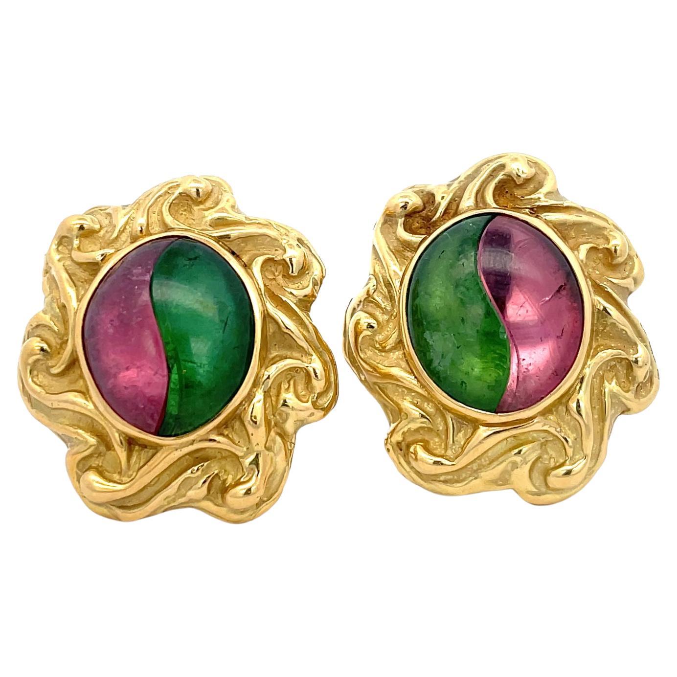 Elizabeth Gage Pink & Green Tourmaline Clip-On Earrings 18K Yellow Gold For Sale