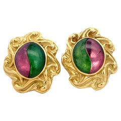 Elizabeth Gage Pink & Green Tourmaline Clip-On Earrings 18K Yellow Gold
