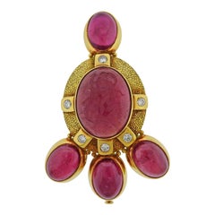 Elizabeth Gage Pink Tourmaline Intaglio Diamond Gold Brooch Pin