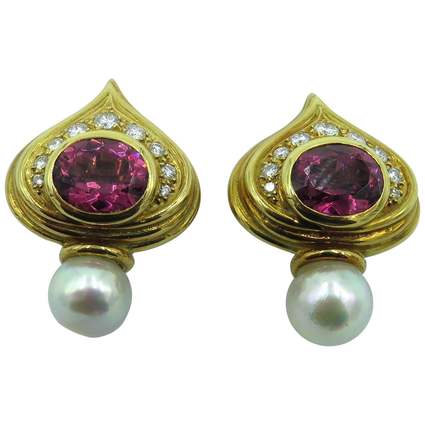 Elizabeth Gage Pink Tourmaline, Pearl and Diamond Shiraz Earrings