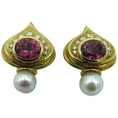 Elizabeth Gage Pink Tourmaline, Pearl and Diamond Shiraz Earrings