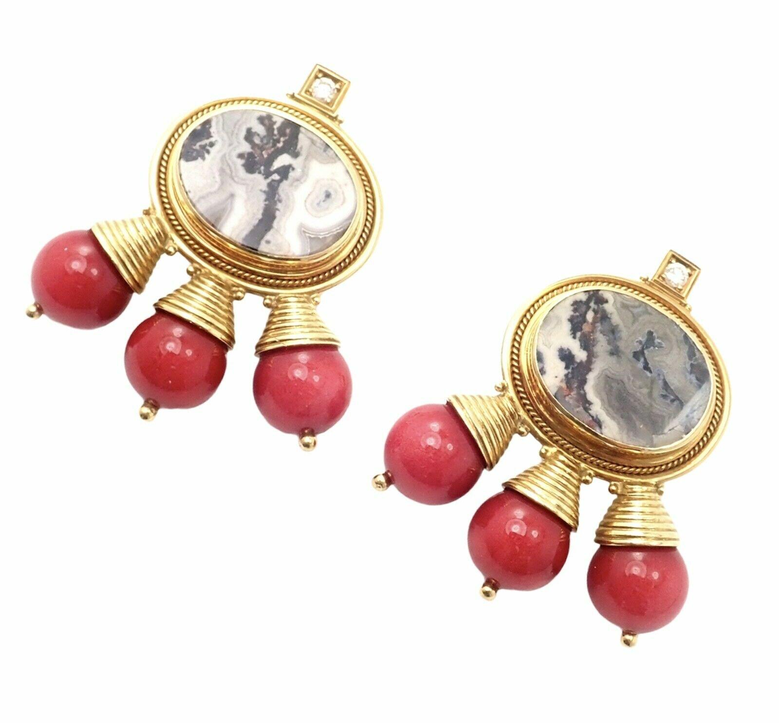 Brilliant Cut Elizabeth Gage Red Coral and White Agate Diamond Yellow Gold Earrings