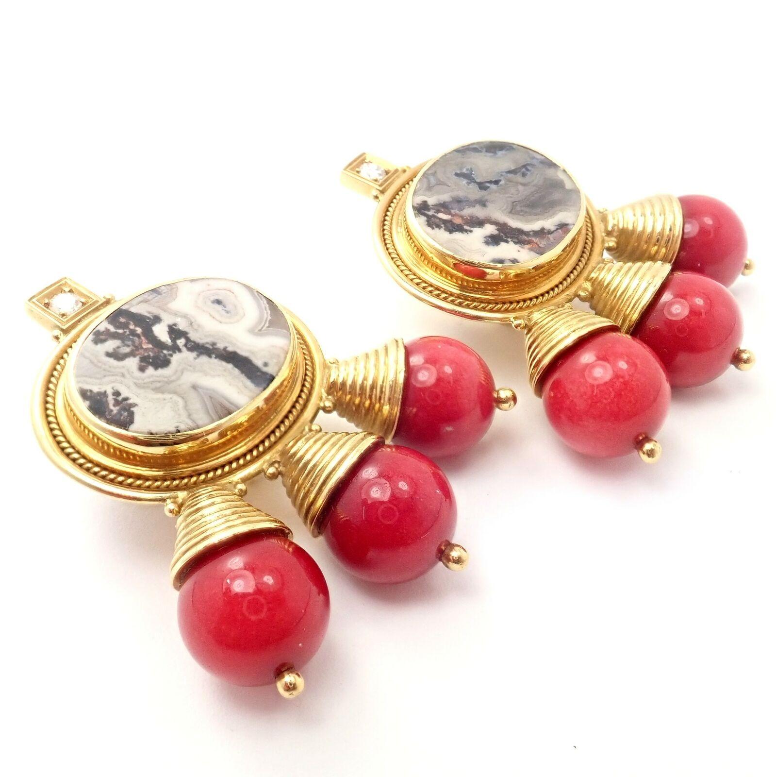 Elizabeth Gage Red Coral and White Agate Diamond Yellow Gold Earrings In Excellent Condition In Holland, PA