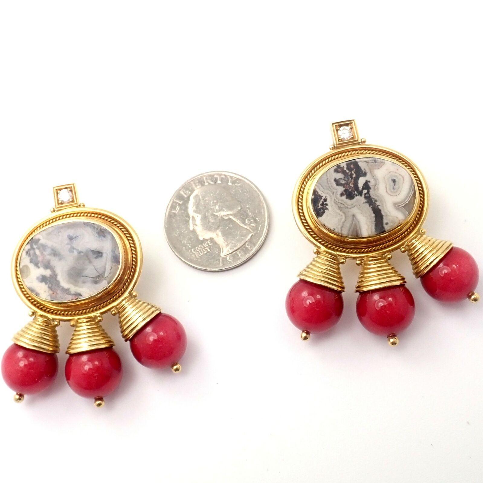 Women's or Men's Elizabeth Gage Red Coral and White Agate Diamond Yellow Gold Earrings