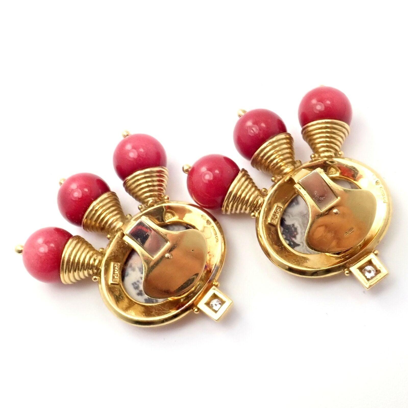 Elizabeth Gage Red Coral and White Agate Diamond Yellow Gold Earrings 1