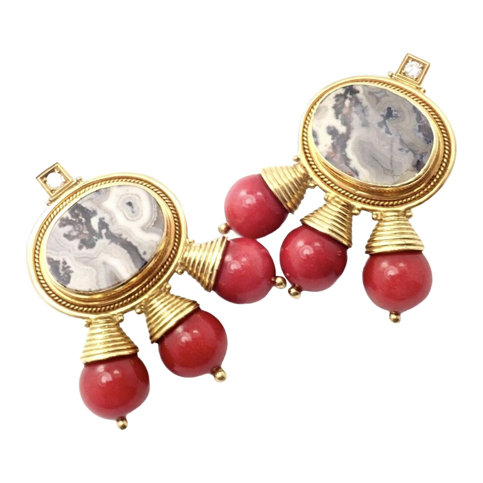 Elizabeth Gage Red Coral and White Agate Diamond Yellow Gold Earrings