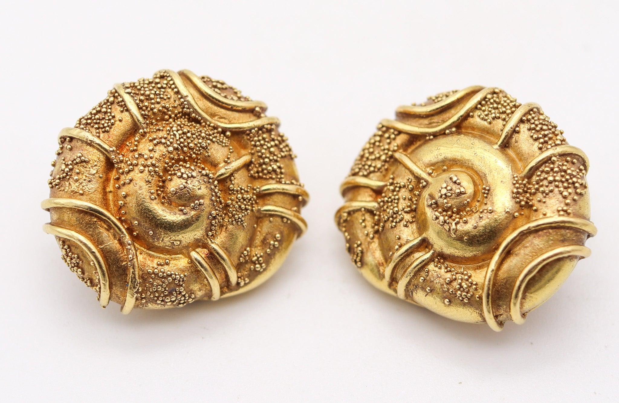 Moderniste ELIZABETH GAGE Boucles d'oreilles Spirals Sculptural Naive Clips-On Or jaune 18Kt massif en vente