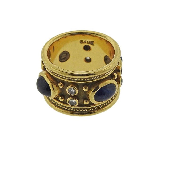 Elizabeth Gage Templar Sapphire Diamond Gold Ring For Sale at 1stDibs