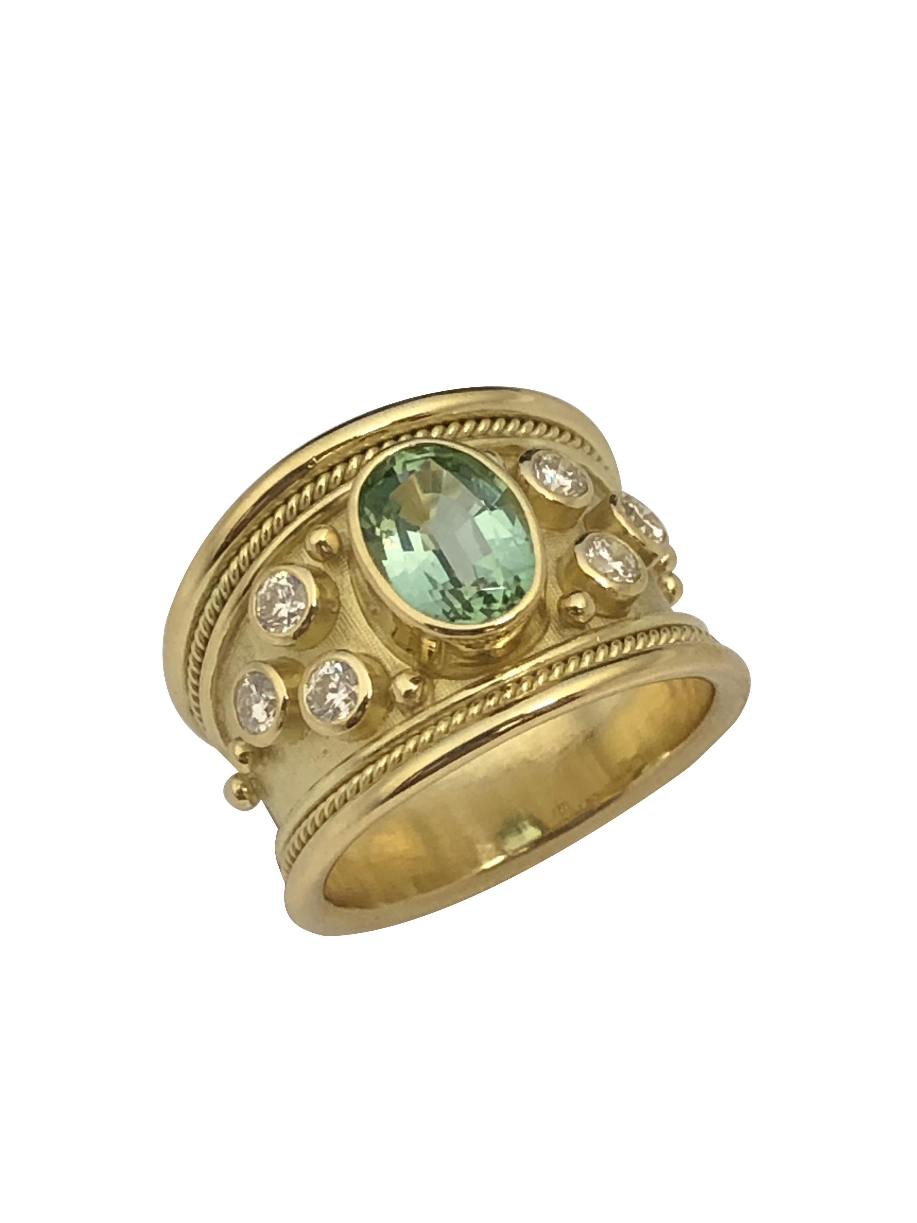 Taille ronde Bague en or jaune Elizabeth Gage avec diamants et tourmaline en vente
