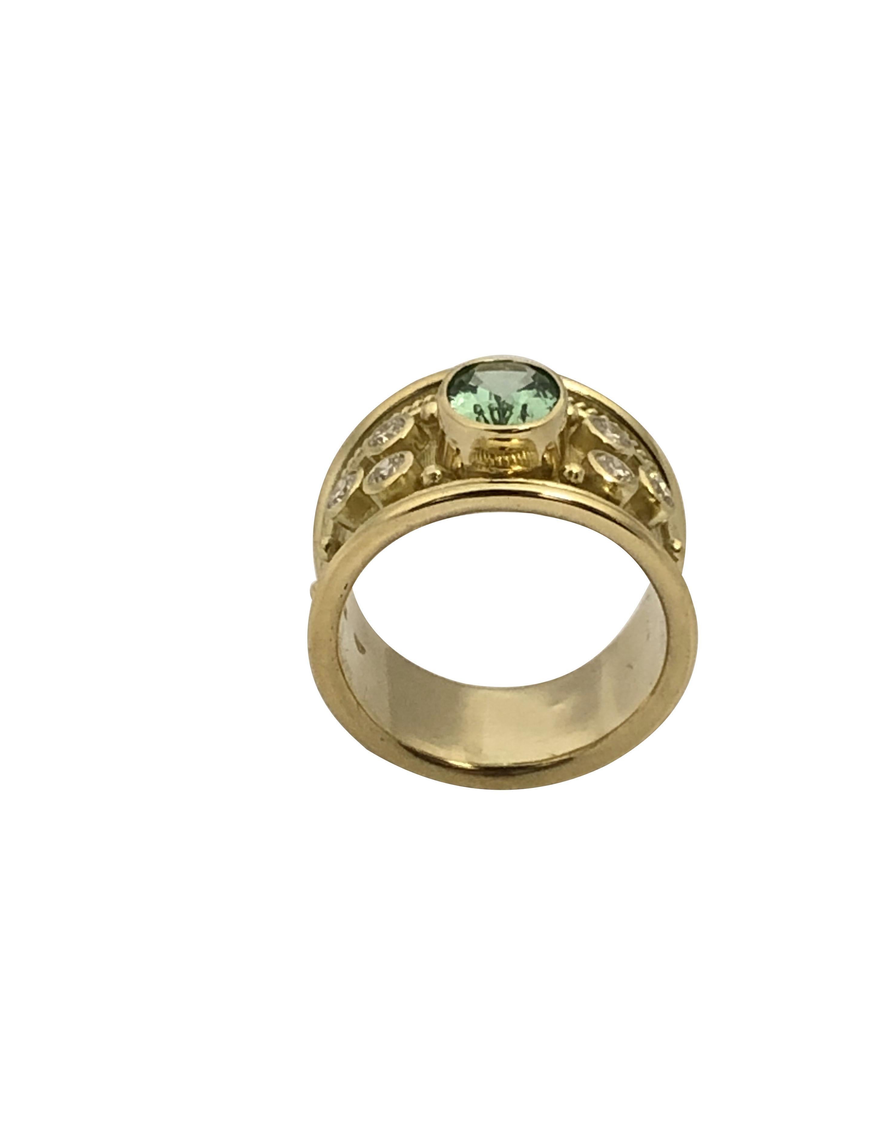 Bague en or jaune Elizabeth Gage avec diamants et tourmaline Excellent état - En vente à Chicago, IL