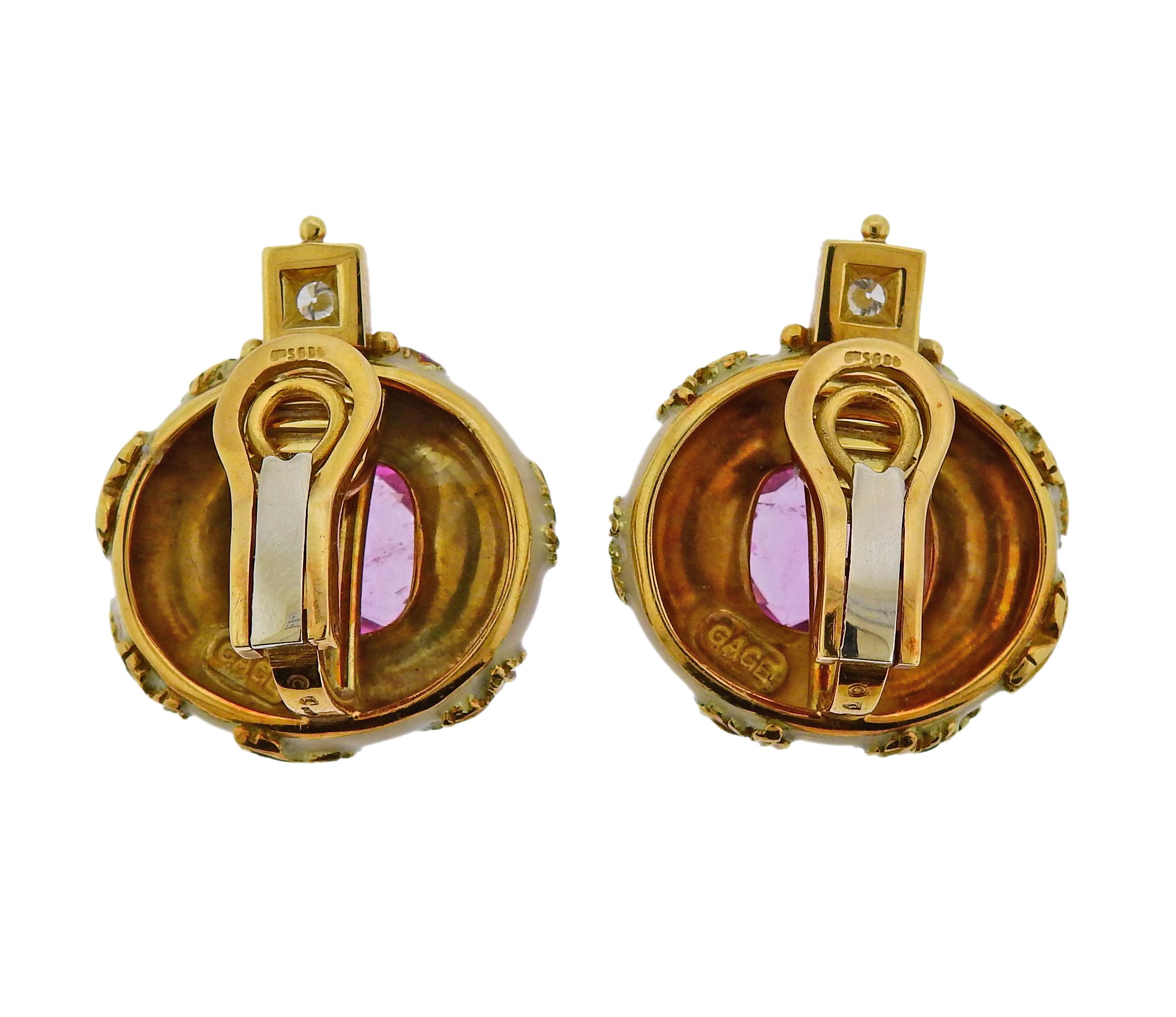 Elizabeth Gage Tourmaline Diamond Enamel Gold Earrings In Excellent Condition For Sale In Lambertville, NJ