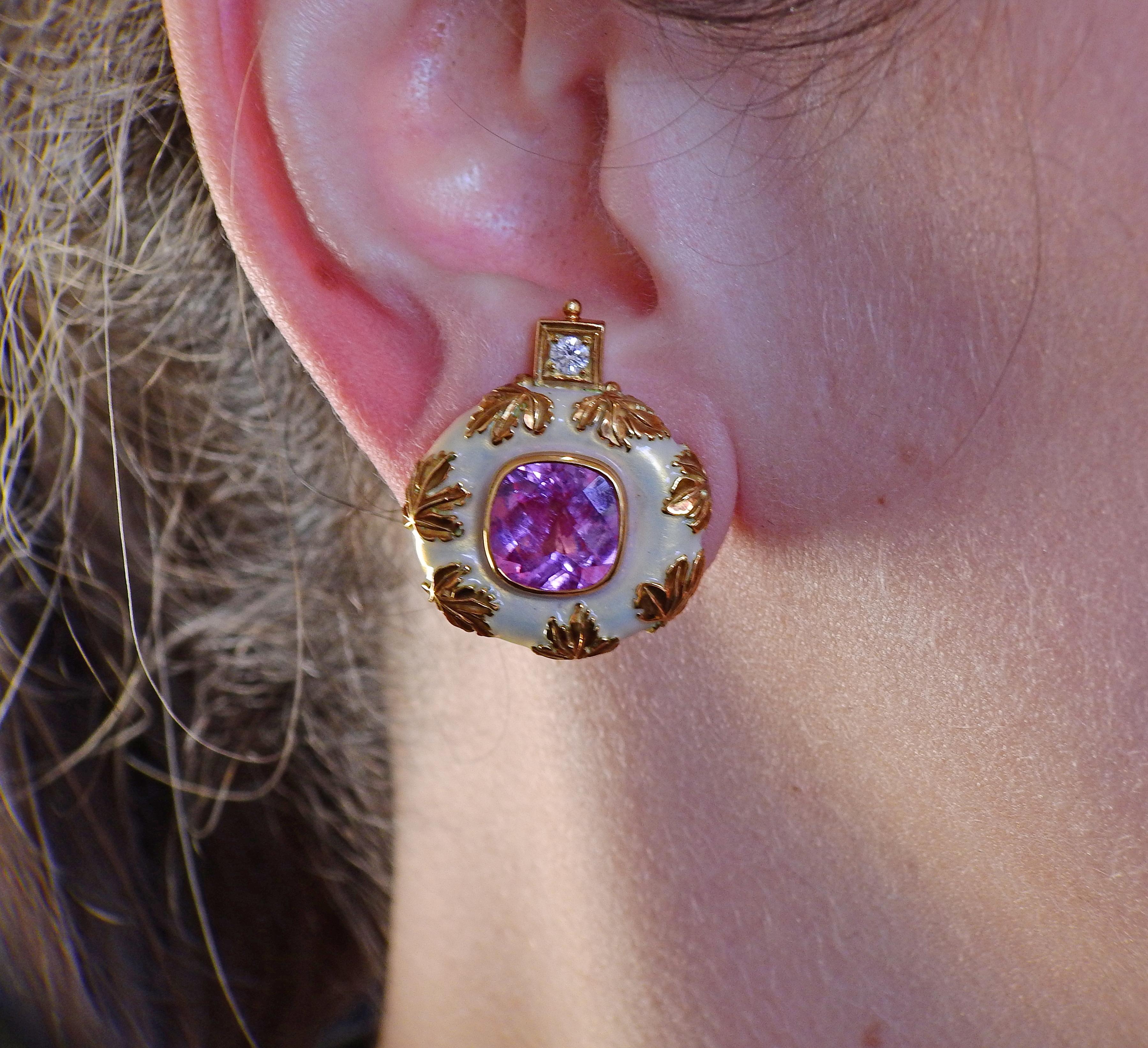 Women's Elizabeth Gage Tourmaline Diamond Enamel Gold Earrings For Sale