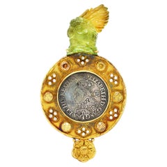 Elizabeth Gage Tourmaline Fancy Diamond 18 Karat Gold Ancient Coin Bird Brooch 