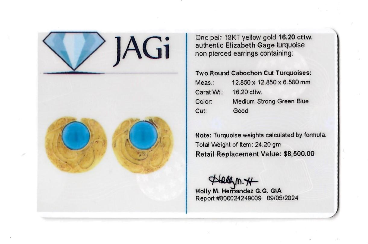 Elizabeth Gage Turquoise Cabochon and Textured 18 Karat Gold Clip-On Earrings For Sale 6