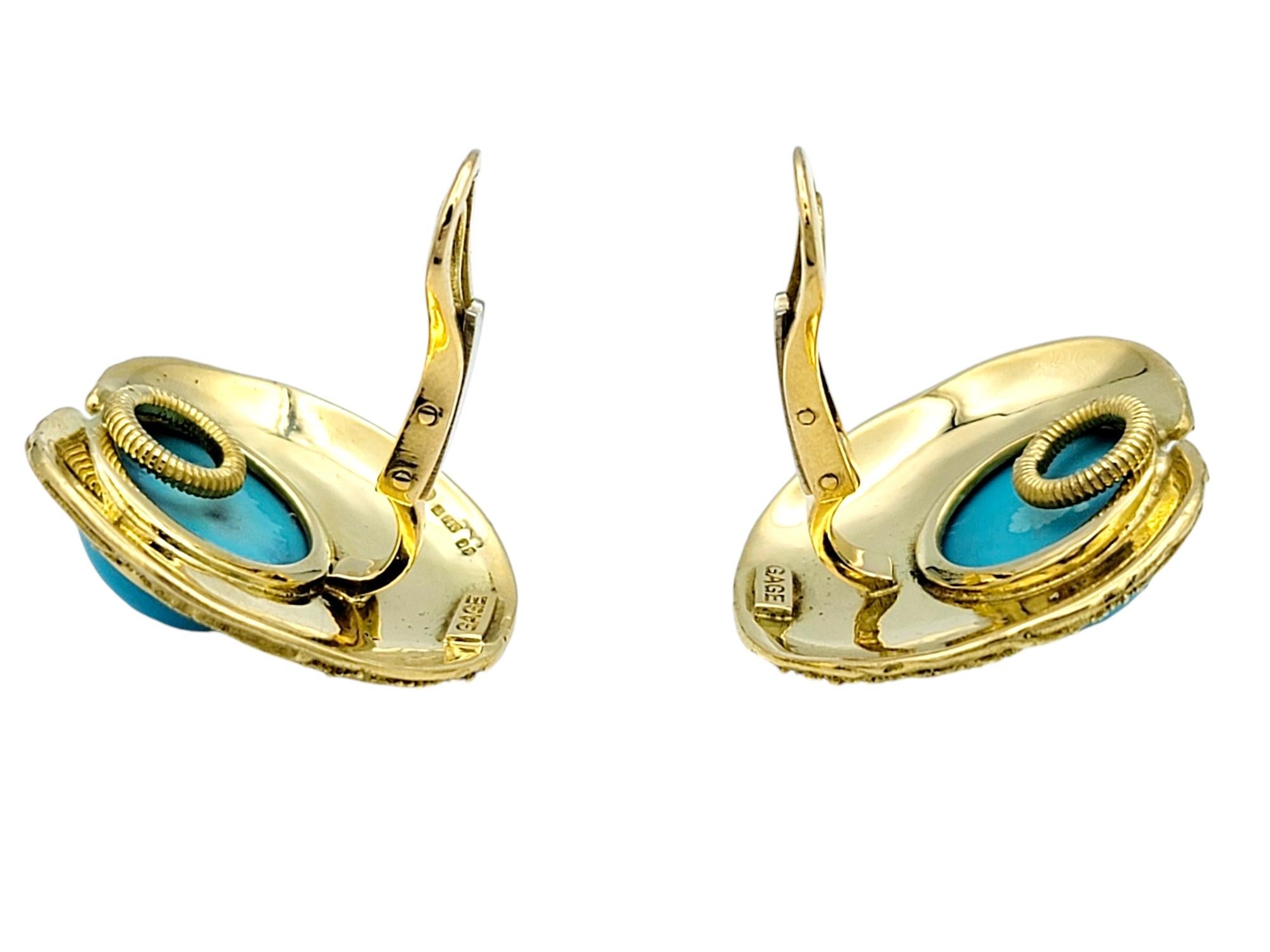 Elizabeth Gage Turquoise Cabochon and Textured 18 Karat Gold Clip-On Earrings For Sale 1