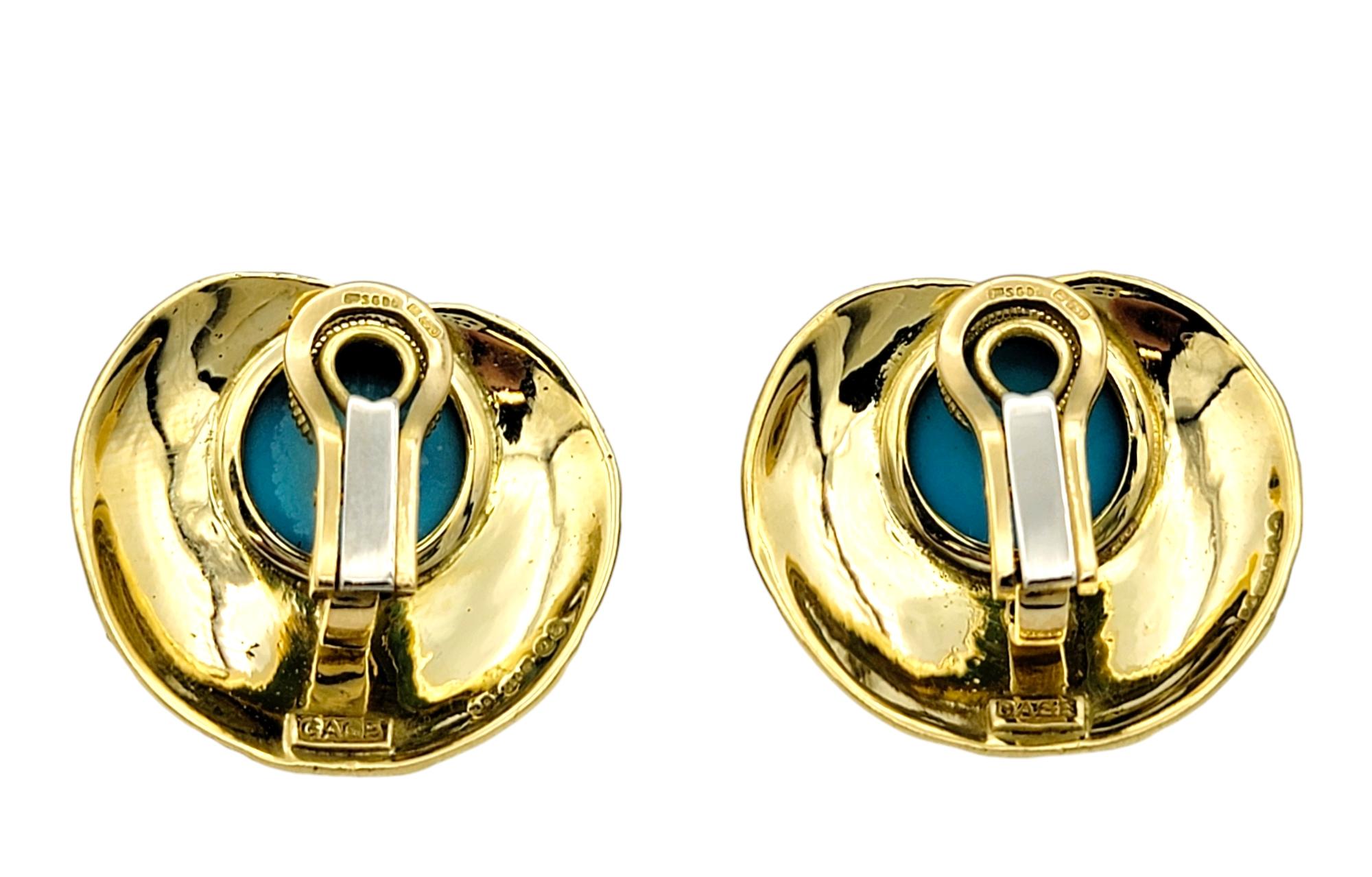 Elizabeth Gage Turquoise Cabochon and Textured 18 Karat Gold Clip-On Earrings For Sale 2