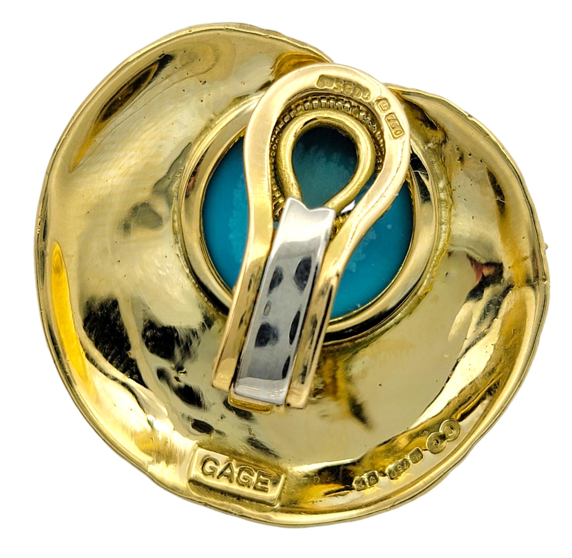 Elizabeth Gage Turquoise Cabochon and Textured 18 Karat Gold Clip-On Earrings For Sale 3