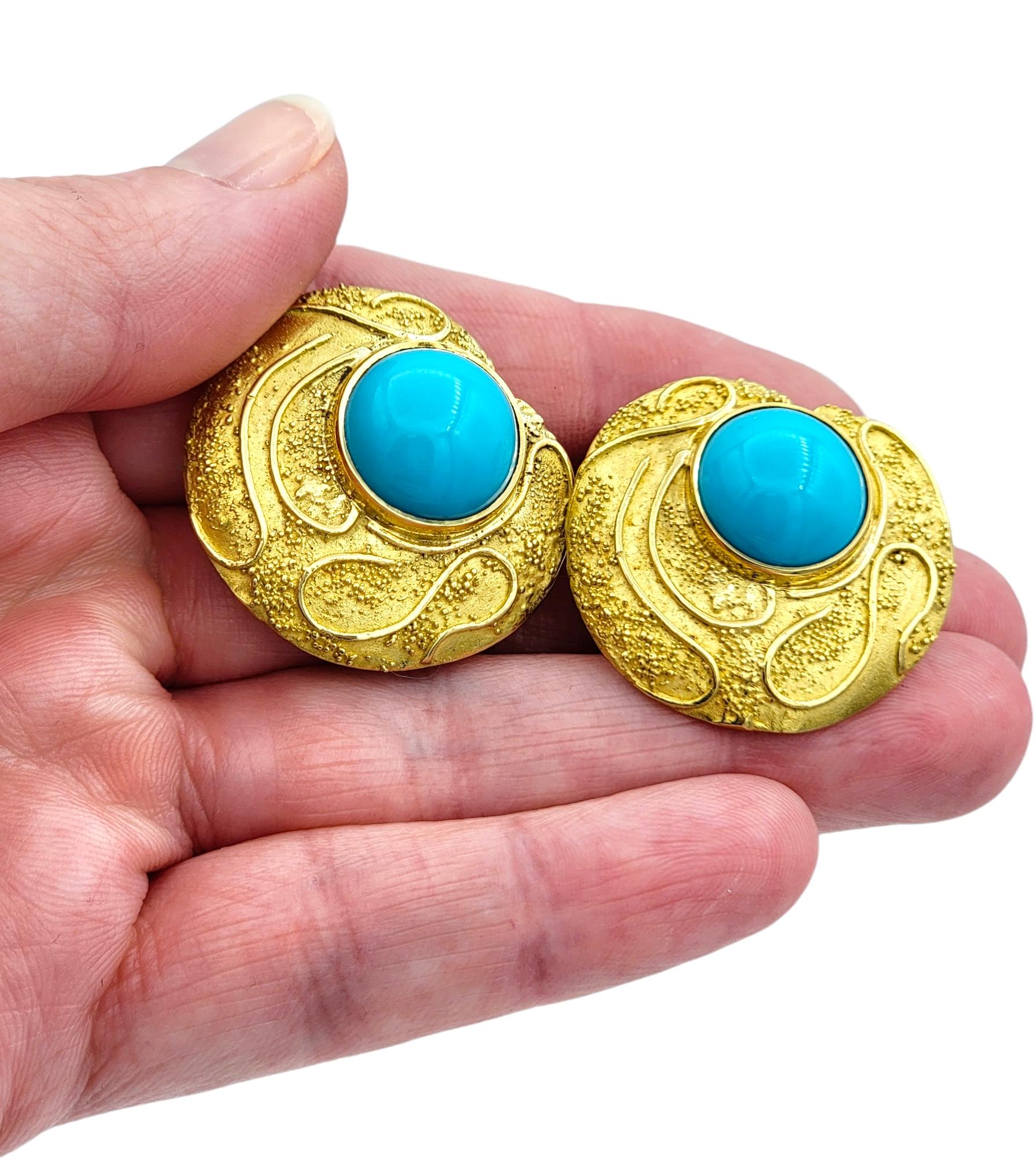 Elizabeth Gage Turquoise Cabochon and Textured 18 Karat Gold Clip-On Earrings For Sale 4
