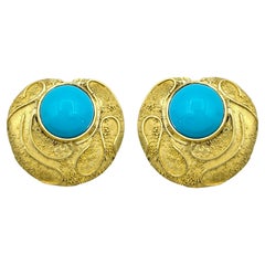 Elizabeth Gage Turquoise Cabochon and Textured 18 Karat Gold Clip-On Earrings
