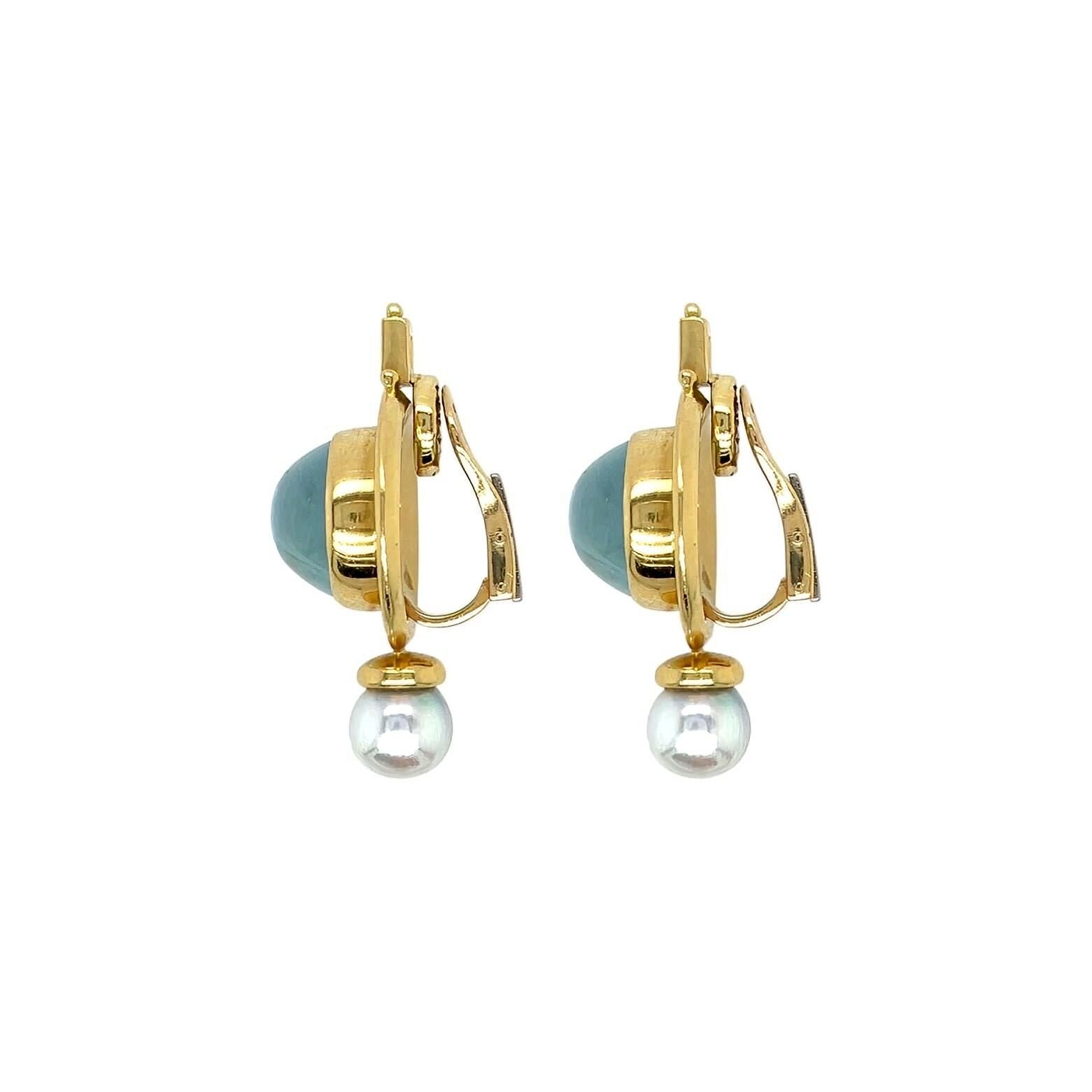 A pair of 18 karat yellow gold, aquamarine, pearl, mother of pearl and diamond earclips, Elizabeth Gage.  Each “Valois” earclip centering a horizontal bezel set mother of pearl backed oval cabochon aquamarine measuring approximately 17.14 x 12.47