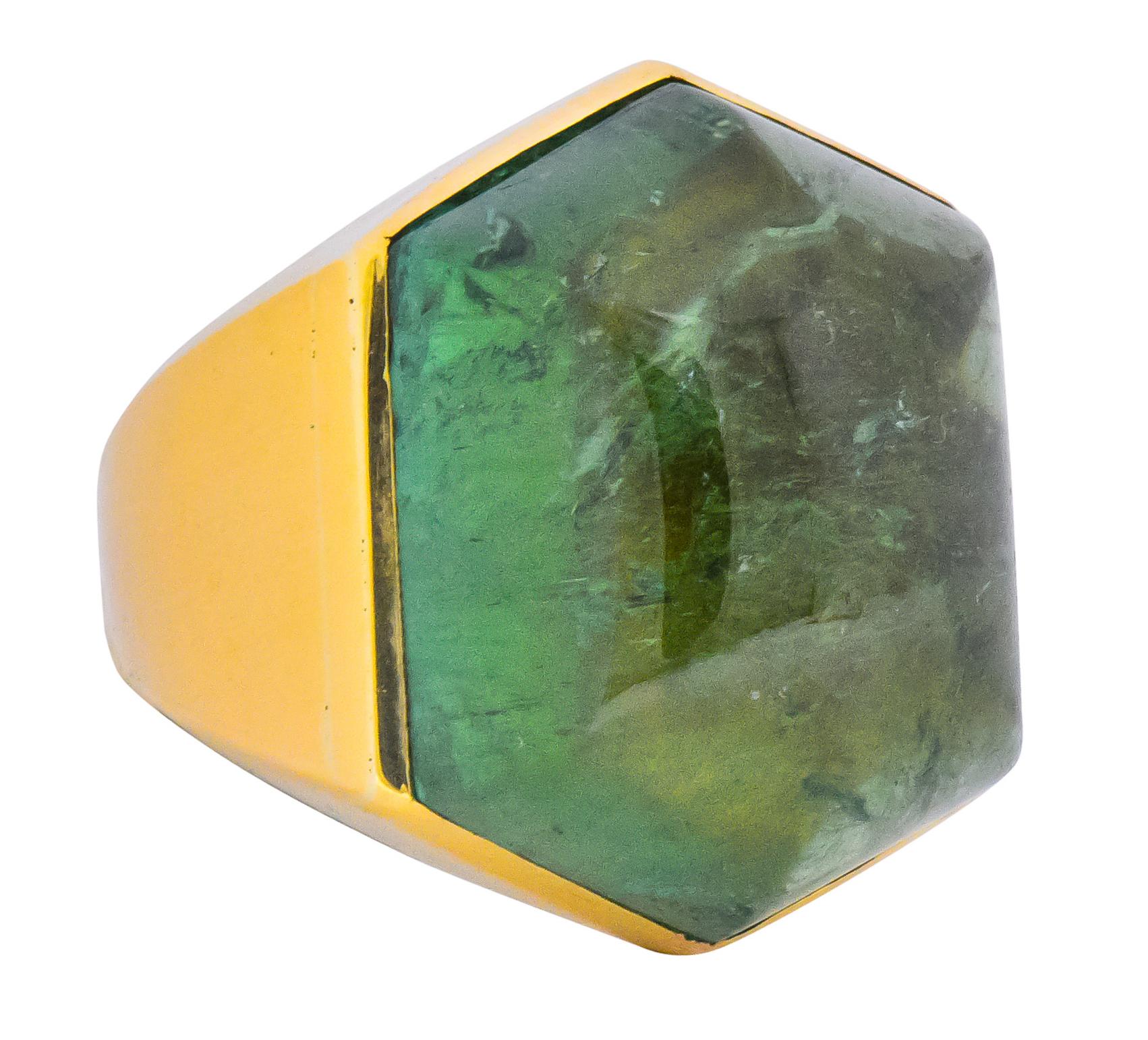 Contemporary Elizabeth Gage Vintage 1962 Green Tourmaline 18 Karat Gold British Unisex Ring