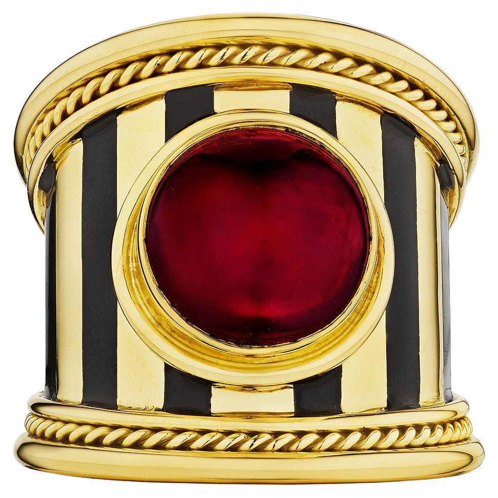 Elizabeth Gage Vintage Bezel Set Cabochon Garnet Enamel Gold Wide Band Ring