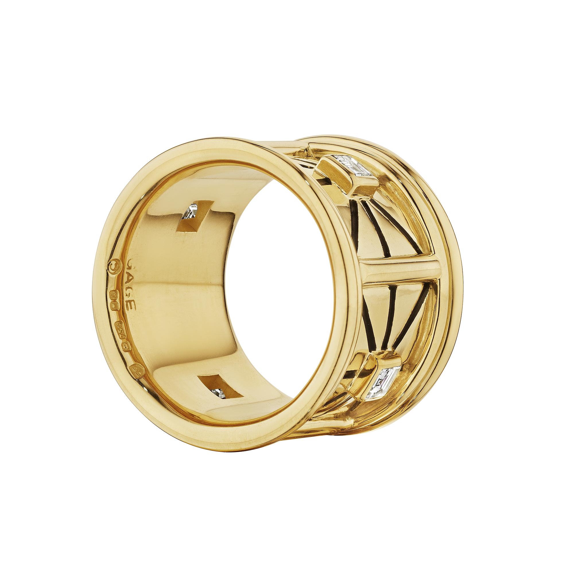 Modernist Elizabeth Gage Vintage Diamond Enamel Gold Wide Band Ring