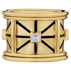 Elizabeth Gage Vintage Diamond Enamel Gold Wide Band Ring