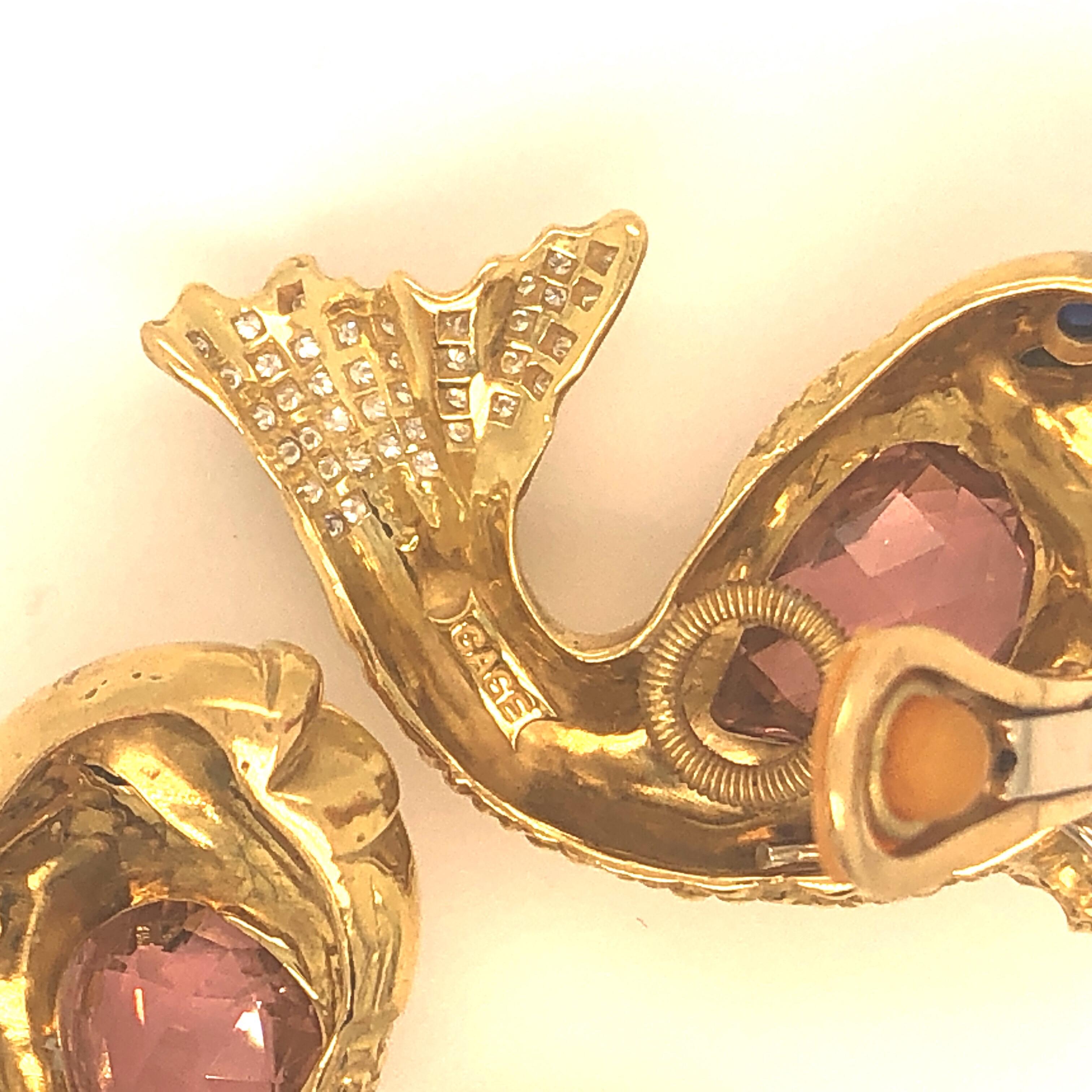Elizabeth Gage Yellow Gold and Pink Tourmaline Koi Fish Earrings.  These amazing earrings are stamped 