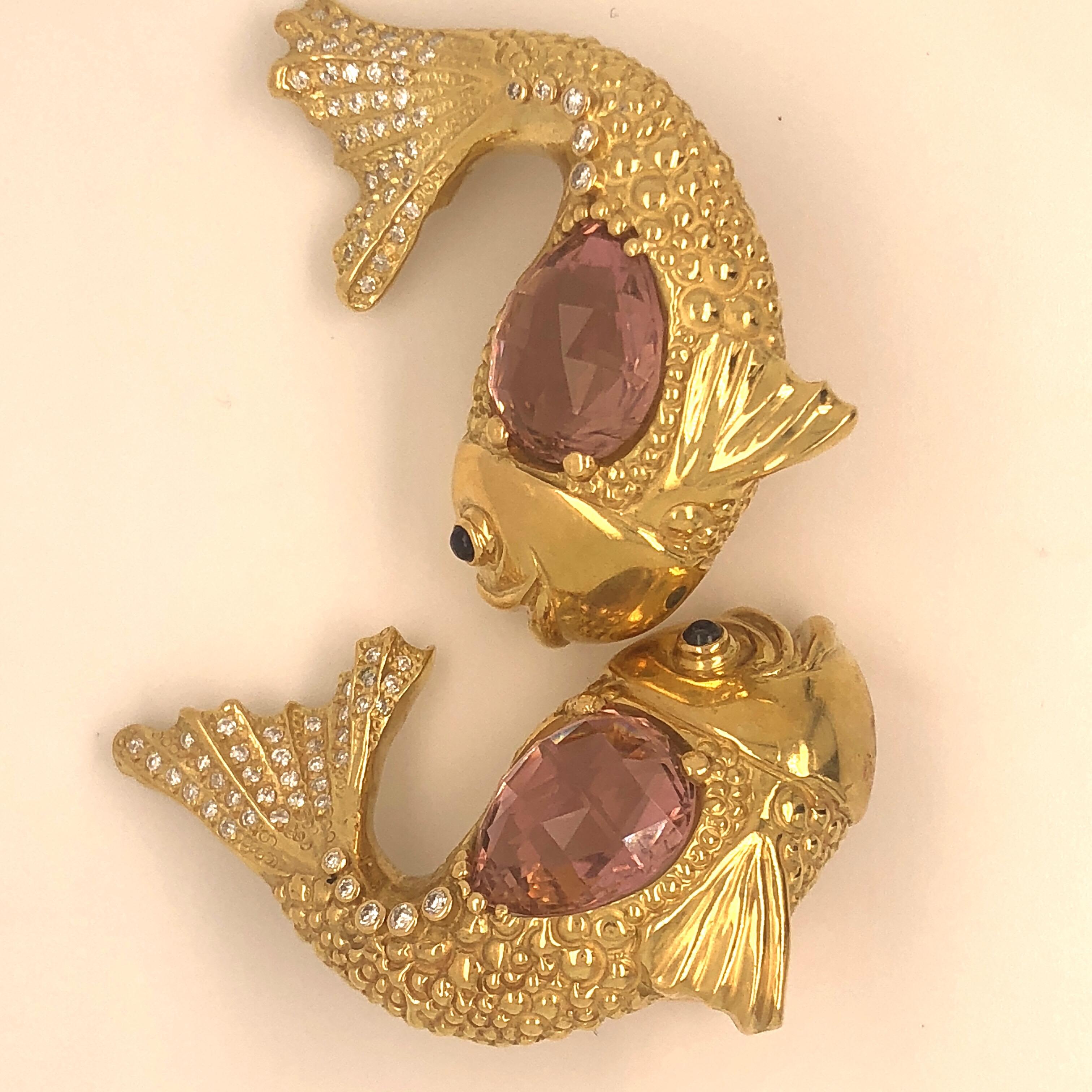 Modern Elizabeth Gage Yellow Gold and Pink Tourmaline Diamond Fish Earrings