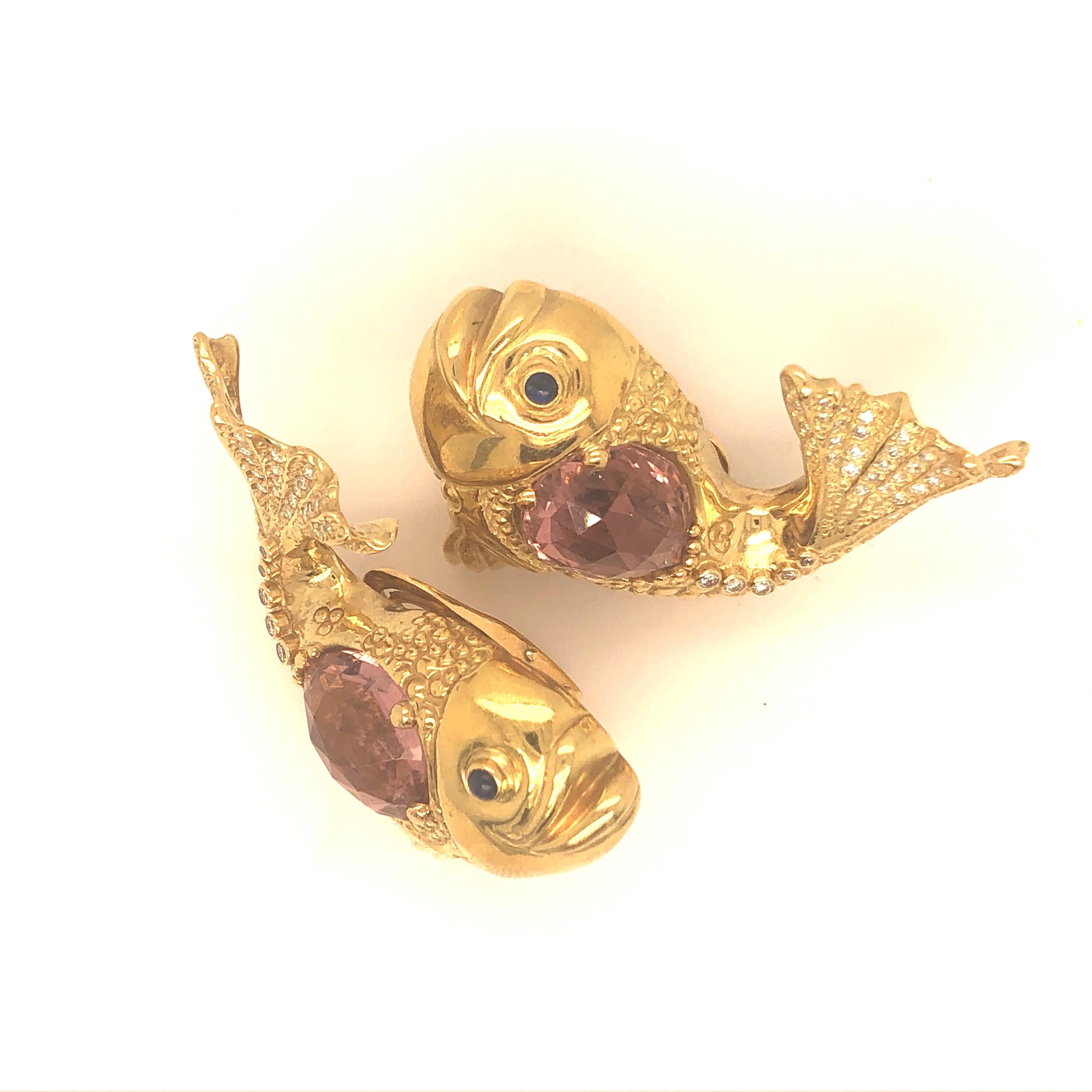 Oval Cut Elizabeth Gage Yellow Gold and Pink Tourmaline Diamond Fish Earrings