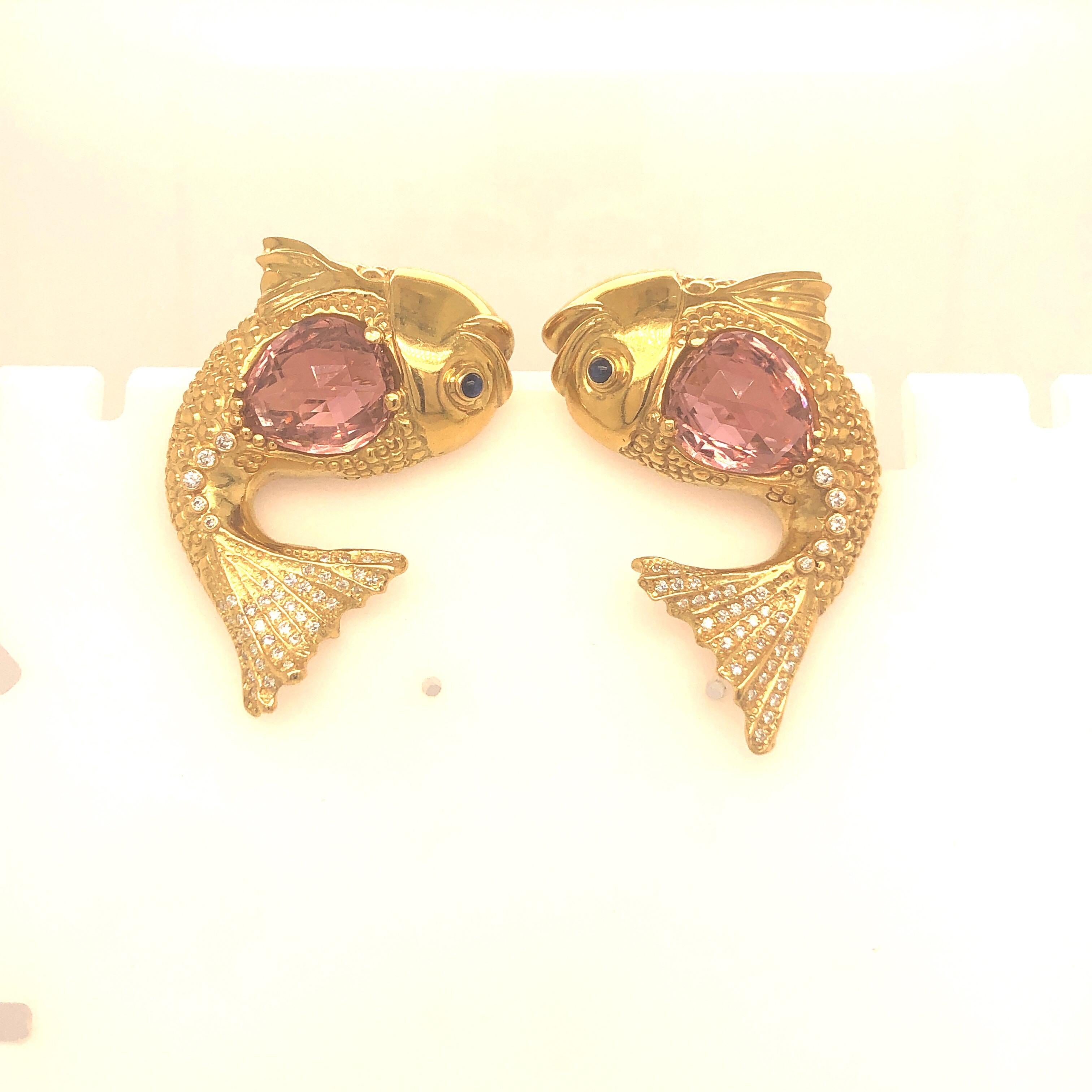Elizabeth Gage Yellow Gold and Pink Tourmaline Diamond Fish Earrings In Fair Condition In Dallas, TX