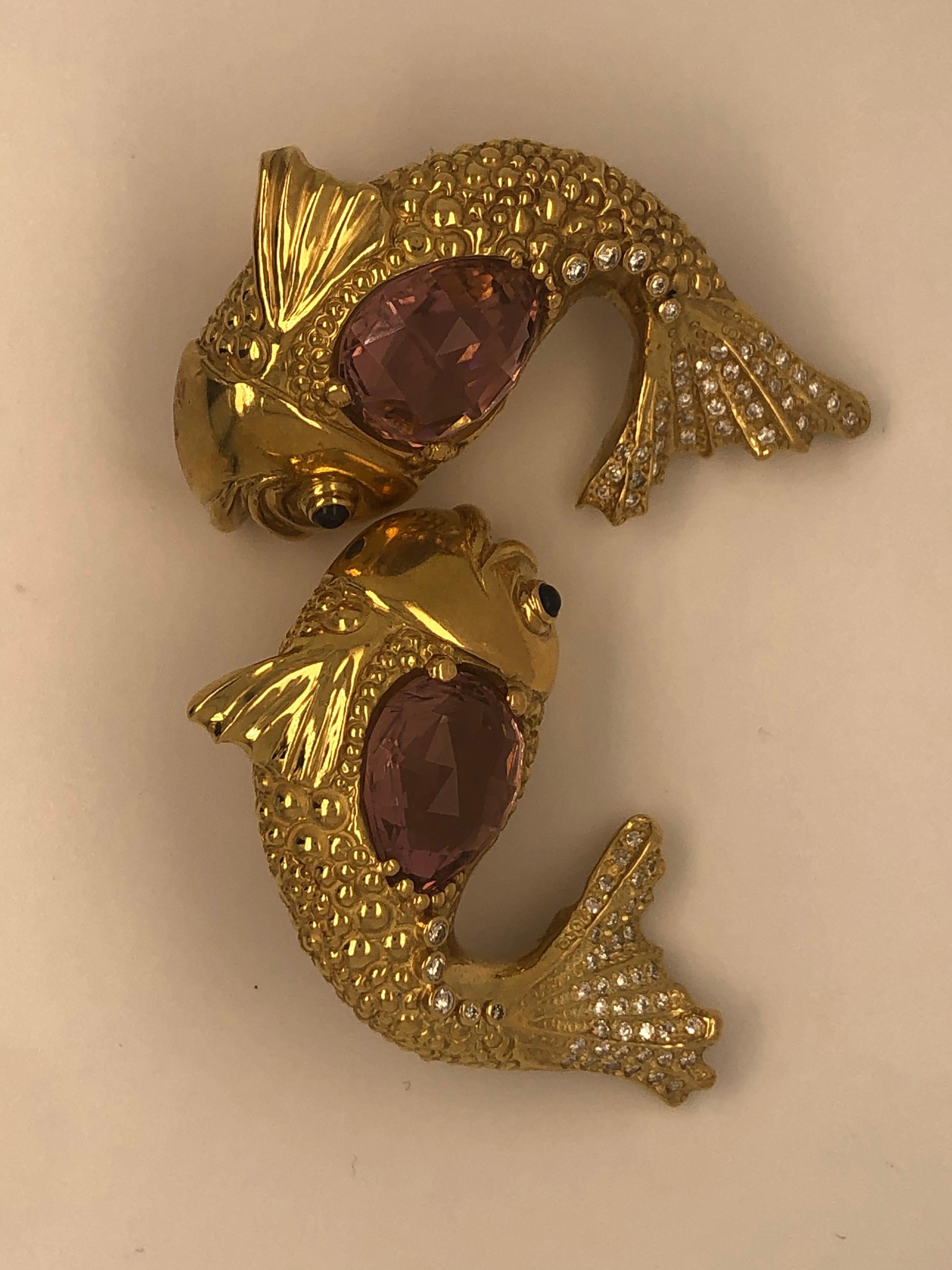 Women's Elizabeth Gage Yellow Gold and Pink Tourmaline Diamond Fish Earrings