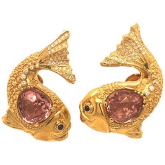 Elizabeth Gage Yellow Gold and Pink Tourmaline Diamond Fish Earrings