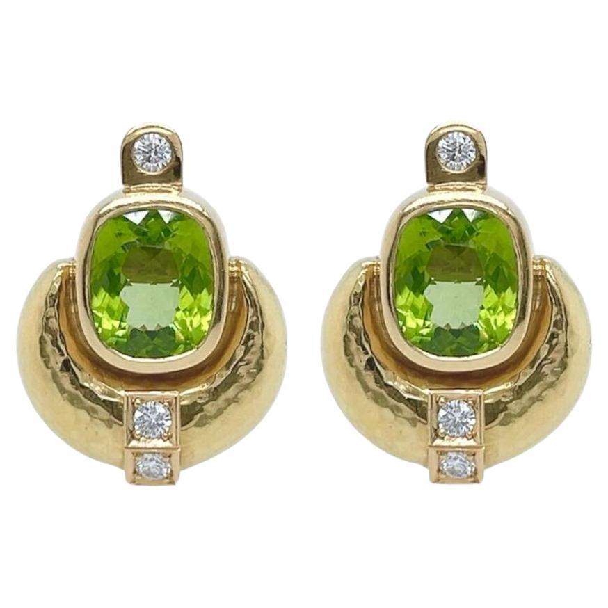 ELIZABETH GAGE  Yellow Gold, Peridot and Diamond Earrings For Sale