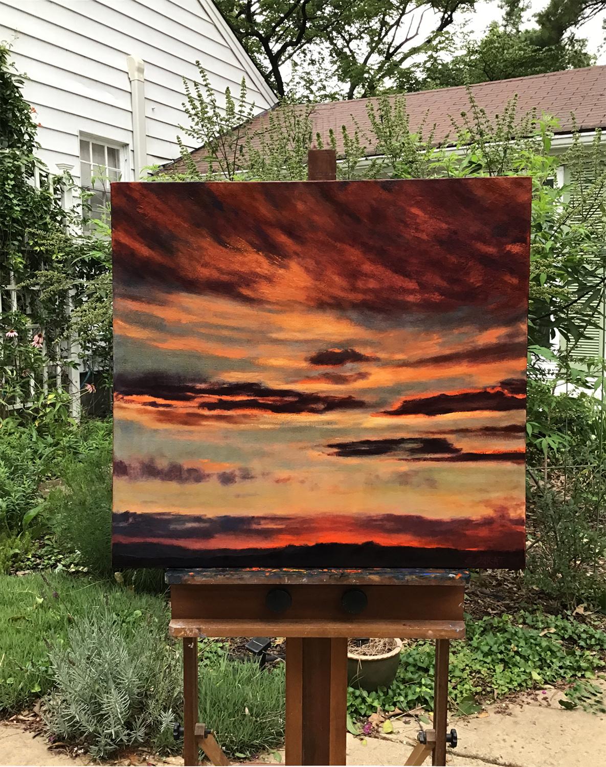 <p>Artist Comments<br>Artist Elizabeth Garat paints a realistic vision of twilight in a dramatic skyscape. Clouds glazed in rich tones of plum, white, and deep orange dominate the lustrous composition. 