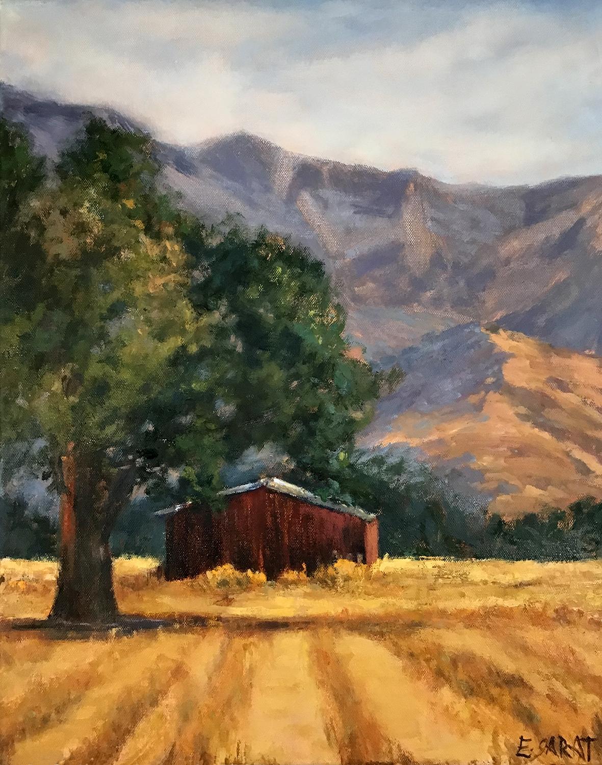 Red Barn Off Grand Avenue, Oil Painting - Art by Elizabeth Garat