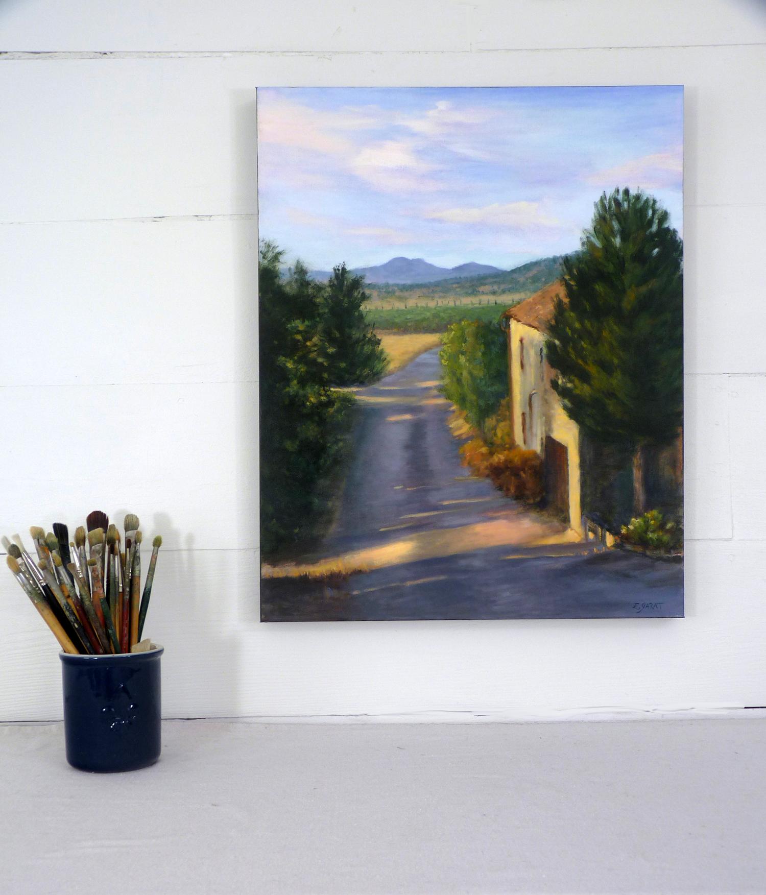 Le matin toscan, La lumière sur la route, Peinture à l'huile - Impressionnisme abstrait Painting par Elizabeth Garat
