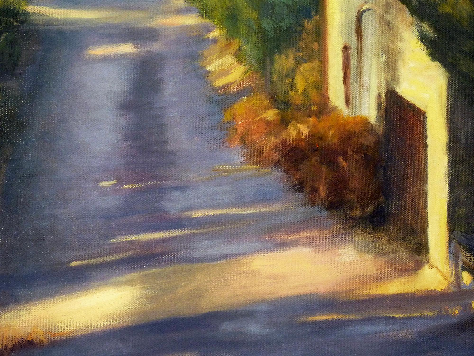 Le matin toscan, La lumière sur la route, Peinture à l'huile - Noir Interior Painting par Elizabeth Garat