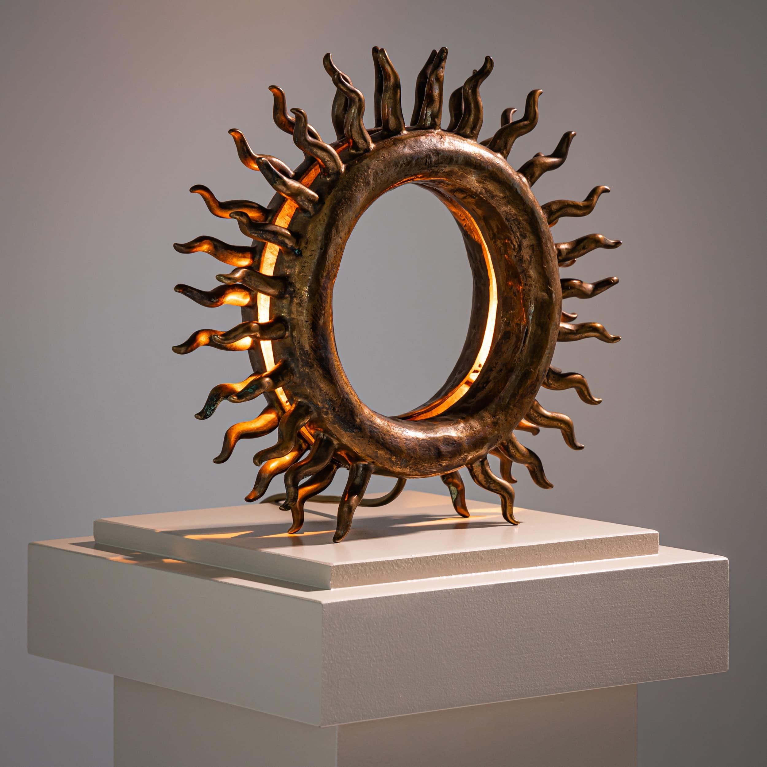 Patinated cast bronze table lamp, designed in 1990, manufactured by Édition BGH.