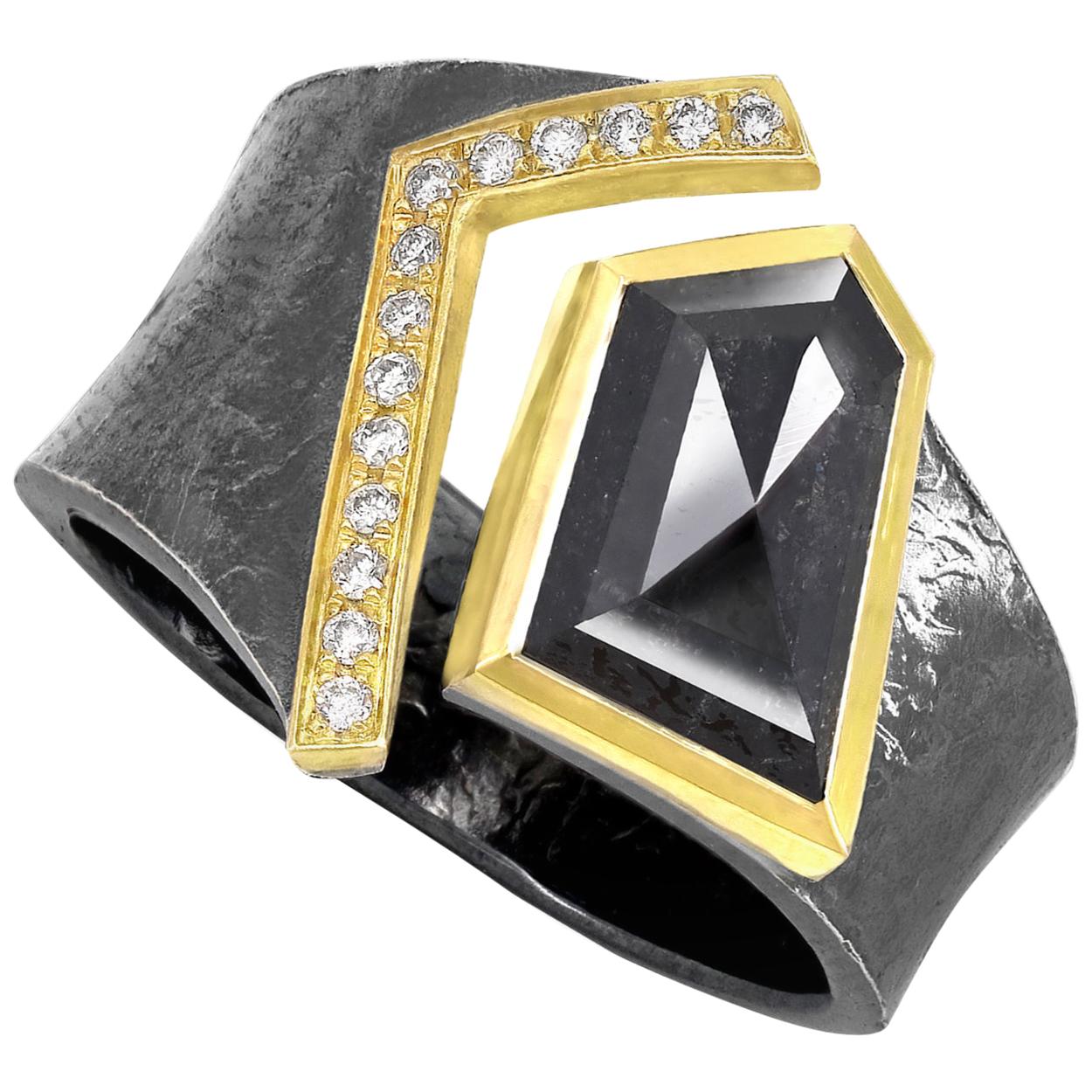 Elizabeth Garvin Black and White Diamond Oxidized Silver Gold One of a Kind Ring