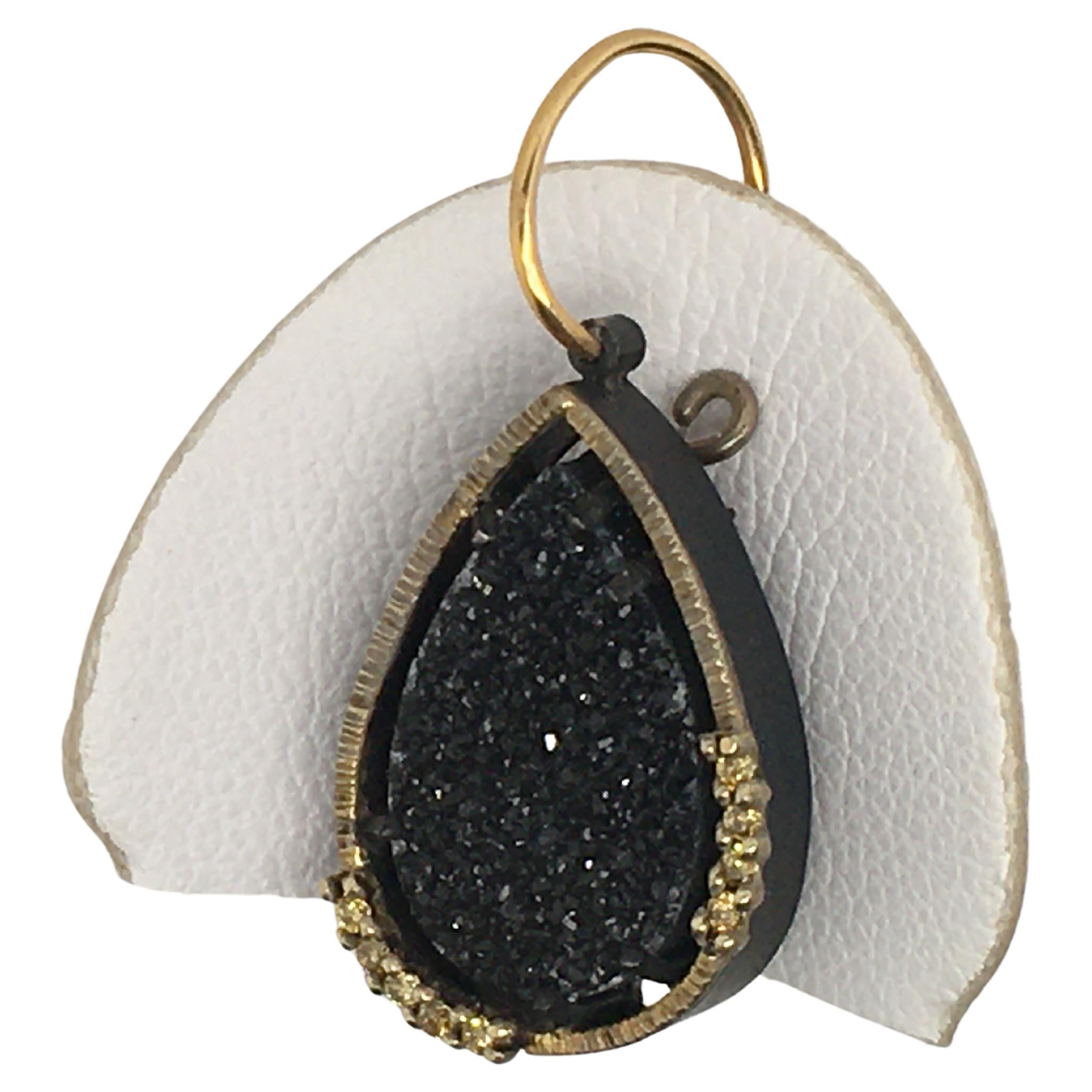 From Elizabeth Garvin's Spiral Collection, these #4 natural prong-set black druzy teardrop earrings in 18k gold are backed with oxidized sterling silver and feature surrounding natural yellow diamonds.  As with every one of Ms Garvin's pieces, they