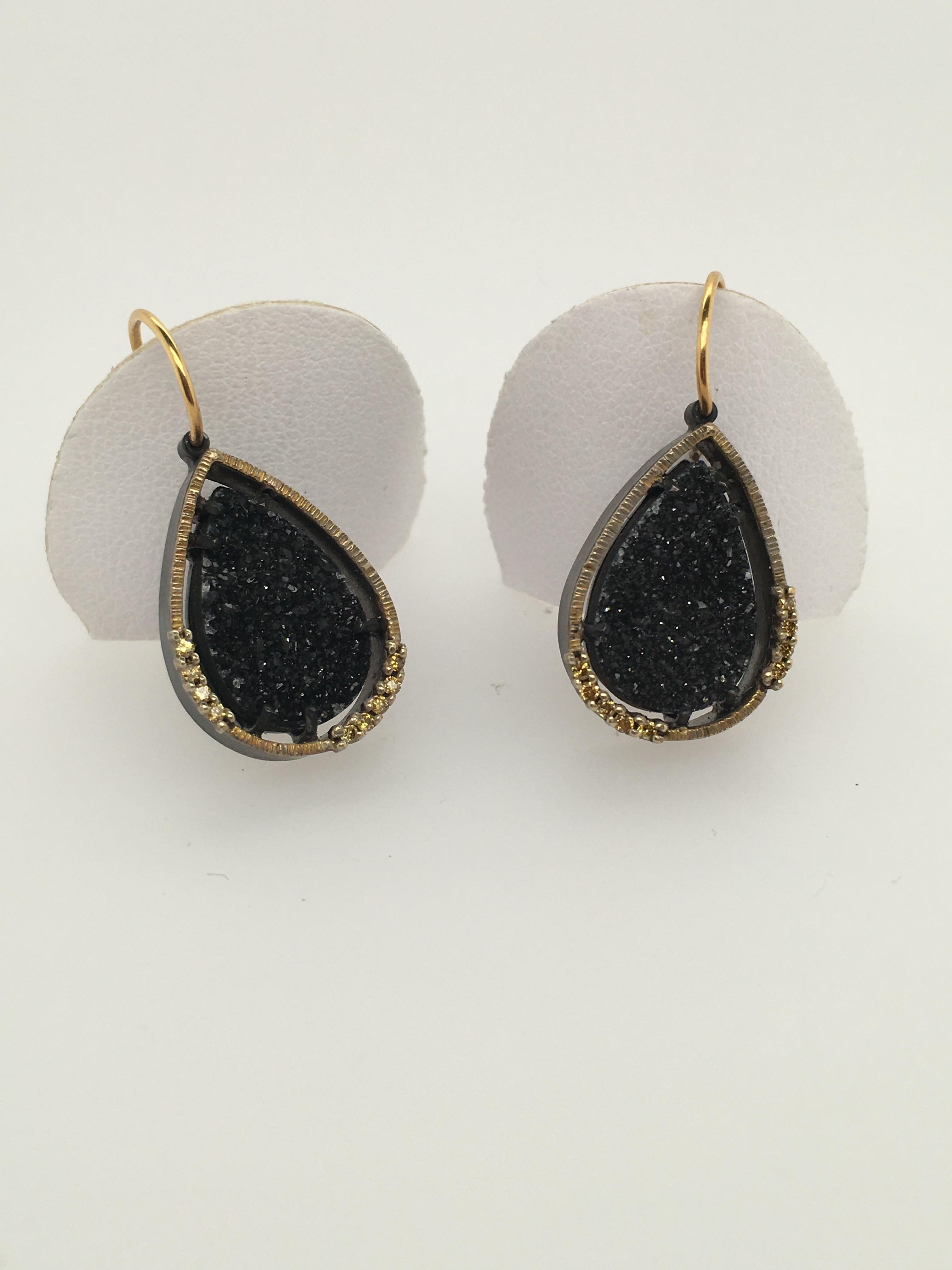Modern Elizabeth Garvin Black Druzy Earrings Oxydized Sterling & 18K YG with Diamonds For Sale