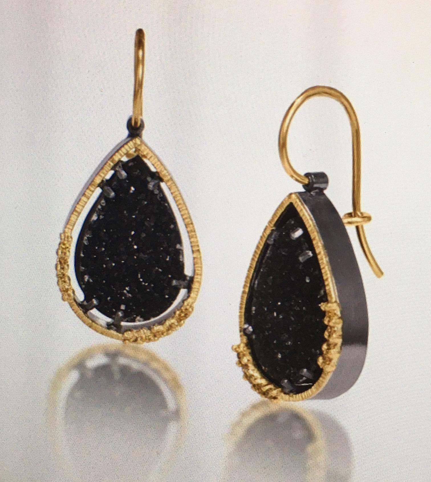 Elizabeth Garvin Black Druzy Earrings of Oxydized Sterling & 18K YG w/ Diamonds For Sale 1