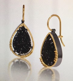 Elizabeth Garvin Black Druzy Earrings of Oxydized Sterling & 18K YG w/ Diamonds