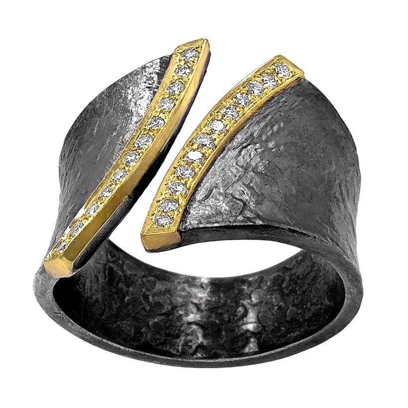 Elizabeth Garvin Diamond Edges Gold Oxidized Silver Open Band Cyclone Ring